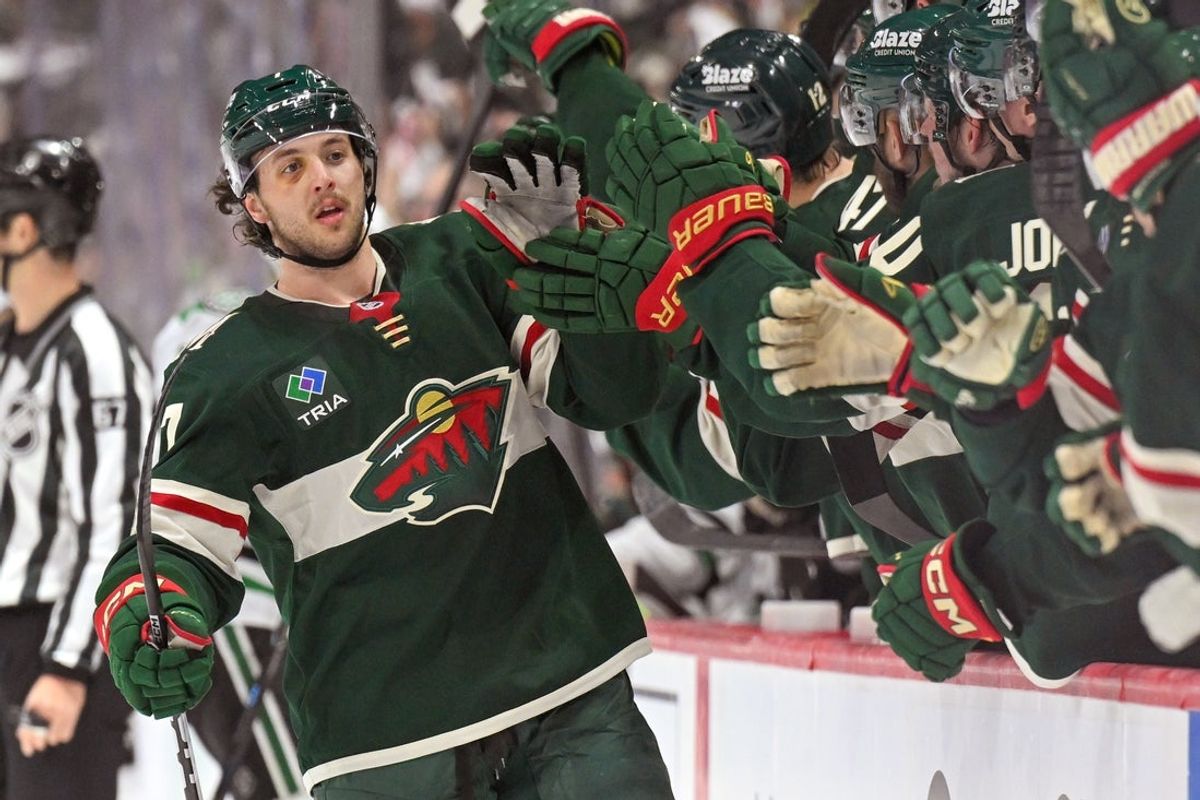 Apr 25, 2026; Saint Paul, Minnesota, USA; Minnesota Wild defensemen Brock Faber (7) celebrates his goal against the Dallas Stars during the first period in game four of the first round of the 2026 Stanley Cup Playoffs at Grand Casino Arena. Mandatory Credit: Nick Wosika-Imagn Images