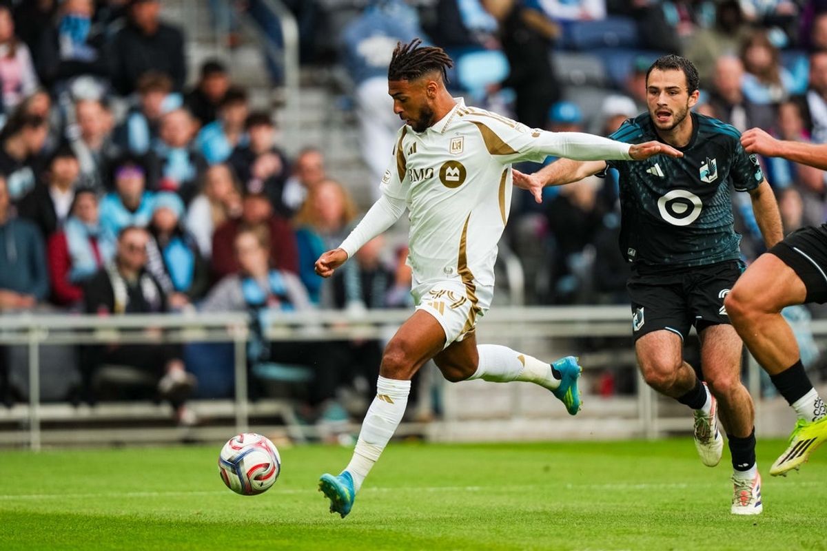 Apr 25, 2026; Saint Paul, Minnesota, USA; Los Angeles Football Club forward Denis Bouanga (99) shoots during the second half against Minnesota United FC at Allianz Field. Mandatory Credit: Brace Hemmelgarn-Imagn Images
