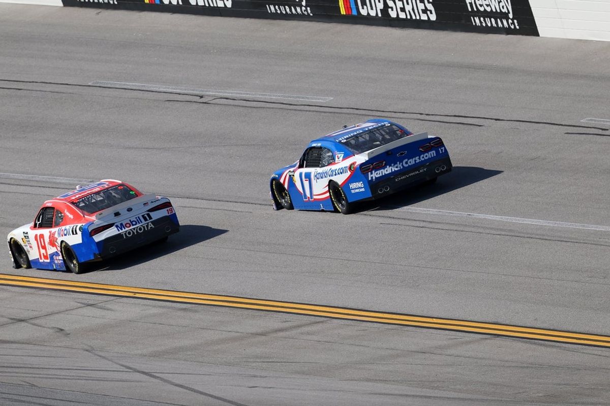 Apr 25, 2026; Talladega, Alabama, USA; O'Reilly Auto Parts Series driver Corey Day (17) makes his victory lap after the AG-Pro 300 NASCAR O'Reilly Auto Parts Series race at Talladega Superspeedway. Mandatory Credit: David Leong-Imagn Images