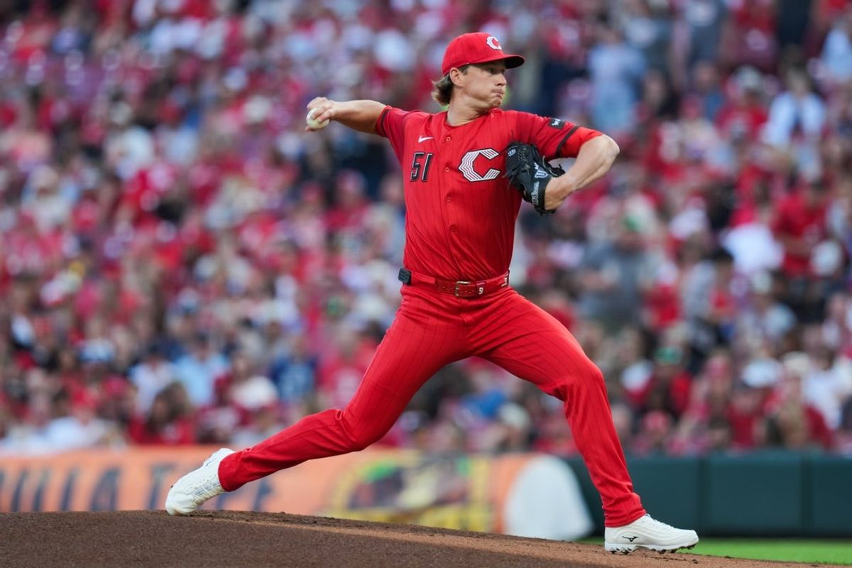 Apr 25, 2026; Cincinnati, Ohio, USA;  Cincinnati Reds pitcher Brady Singer (51) throws against the Detroit Tigers in the first inning at Great American Ball Park. Mandatory Credit: Aaron Doster-Imagn Images