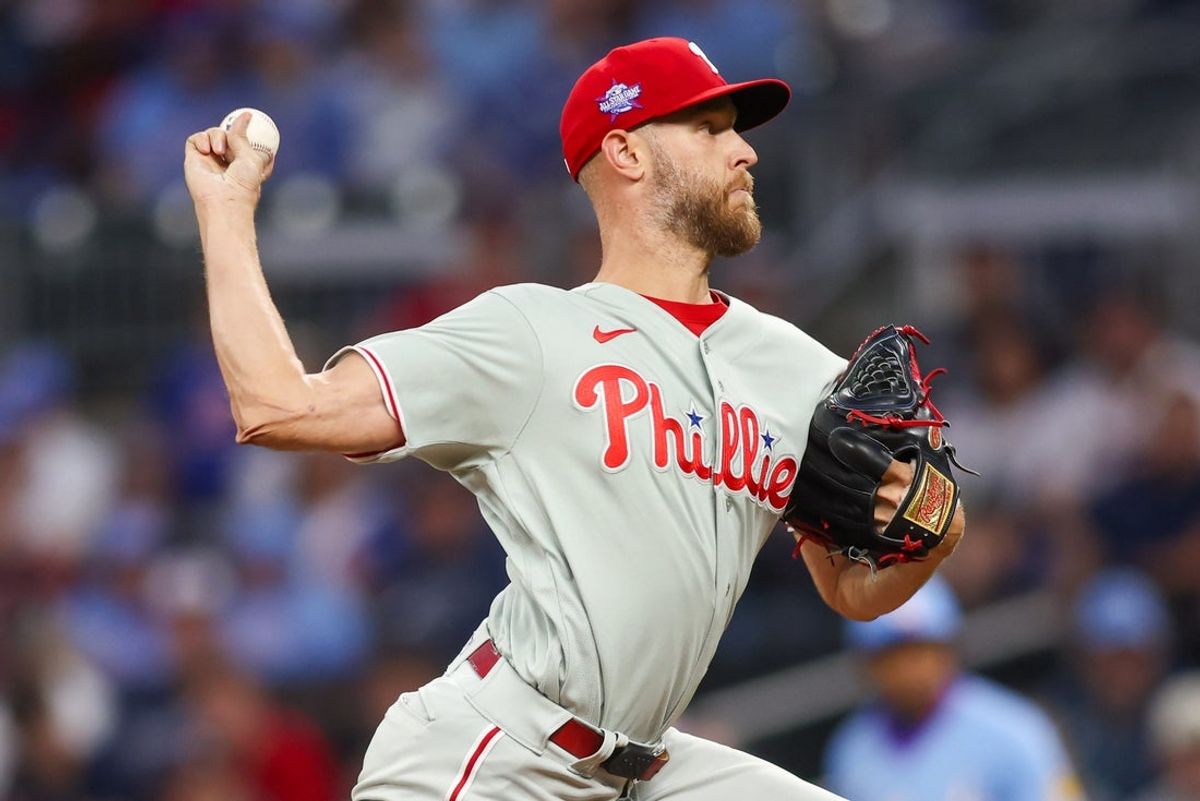 Apr 25, 2026; Atlanta, Georgia, USA; Philadelphia Phillies starting pitcher Zack Wheeler (45) throws against the Atlanta Braves in the first inning at Truist Park. Mandatory Credit: Brett Davis-Imagn Images