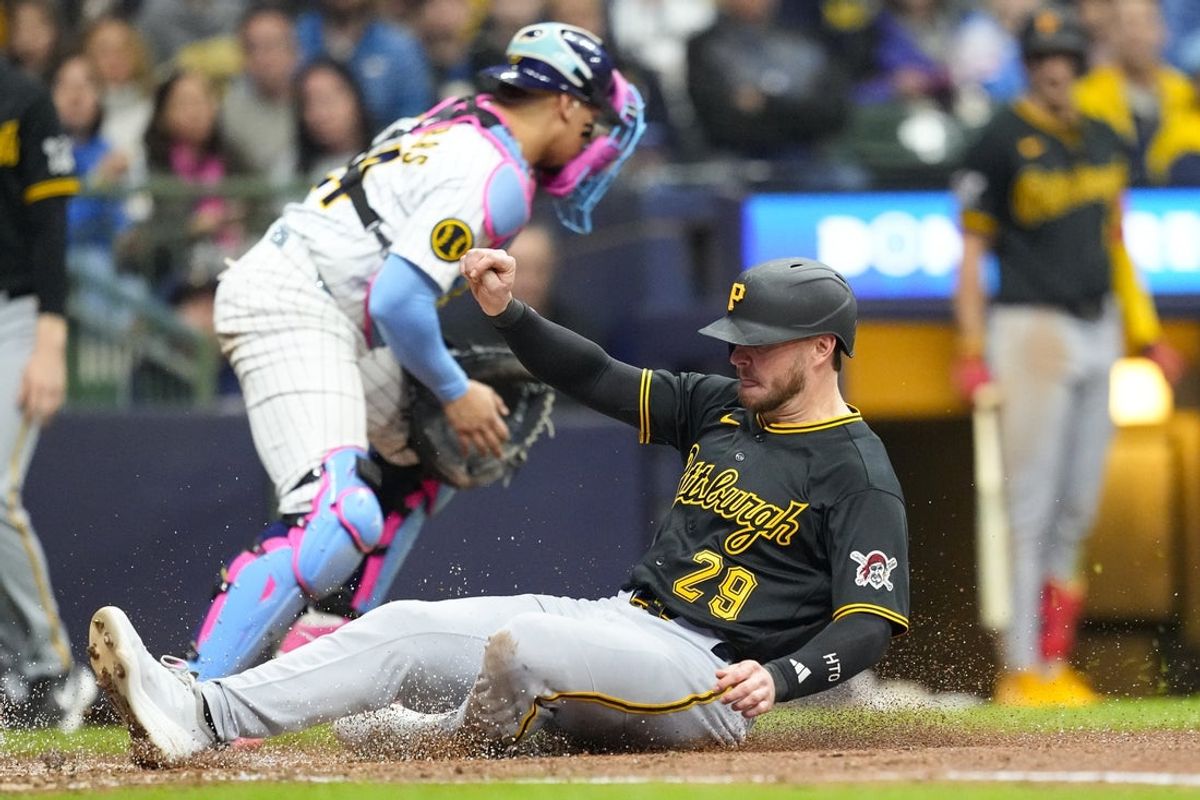 Apr 25, 2026; Milwaukee, Wisconsin, USA;  Pittsburgh Pirates designated hitter Ryan O'Hearn (29) scores a run during the sixth inning against the Milwaukee Brewers at American Family Field. Mandatory Credit: Jeff Hanisch-Imagn Images