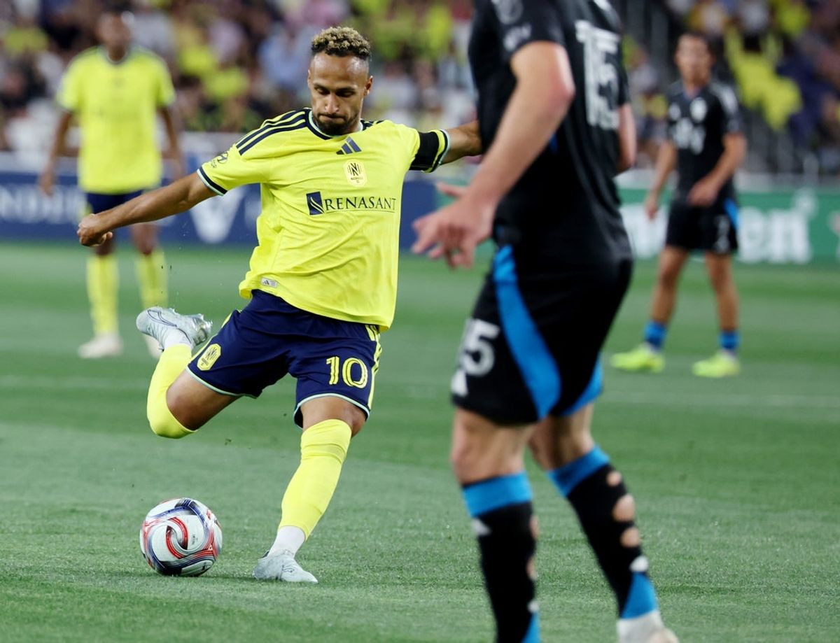 Apr 25, 2026; Nashville, Tennessee, USA; Nashville SC midfielder Hany Mukhtar (10) shoots the ball during the first half of their game against Charlotte FC at Geodis Park. Mandatory Credit: Alan Poizner-Imagn Images