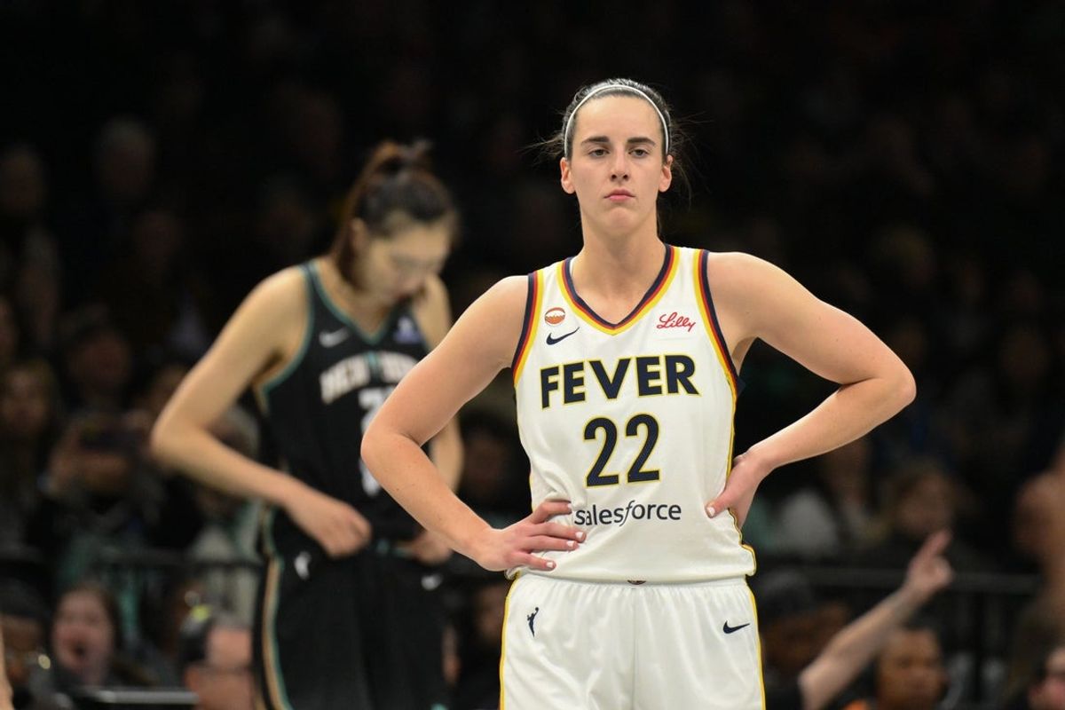 Apr 25, 2026; Brooklyn, NY, USA; Indiana Fever guard Caitlin Clark (22) during the first half against the New York Liberty at Barclays Center. Mandatory Credit: John Jones-Imagn Images