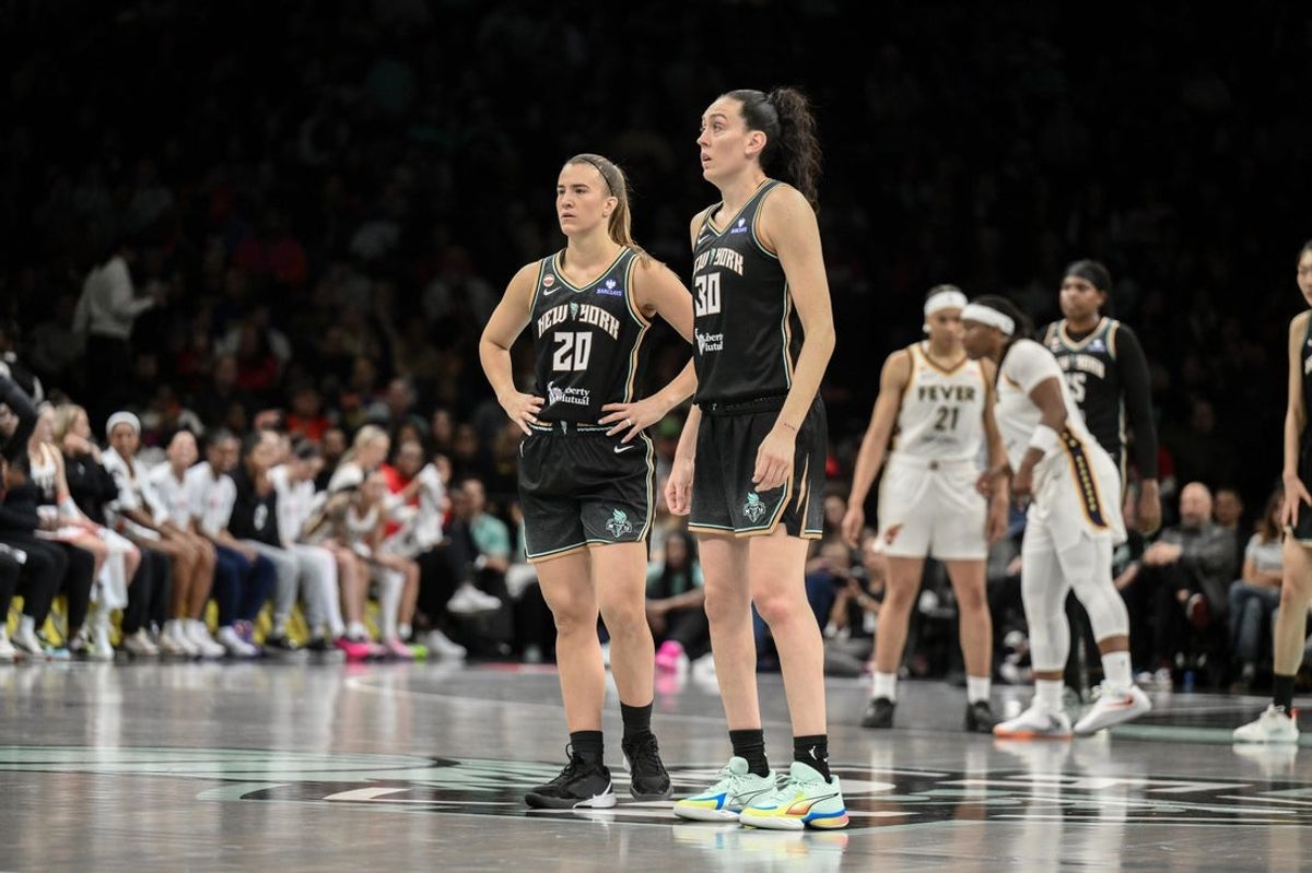 Apr 25, 2026; Brooklyn, NY, USA; New York Liberty guard Sabrina Ionescu (20) and forward Breanna Stewart (30) during the first half against the Indiana Fever at Barclays Center. Mandatory Credit: John Jones-Imagn Images