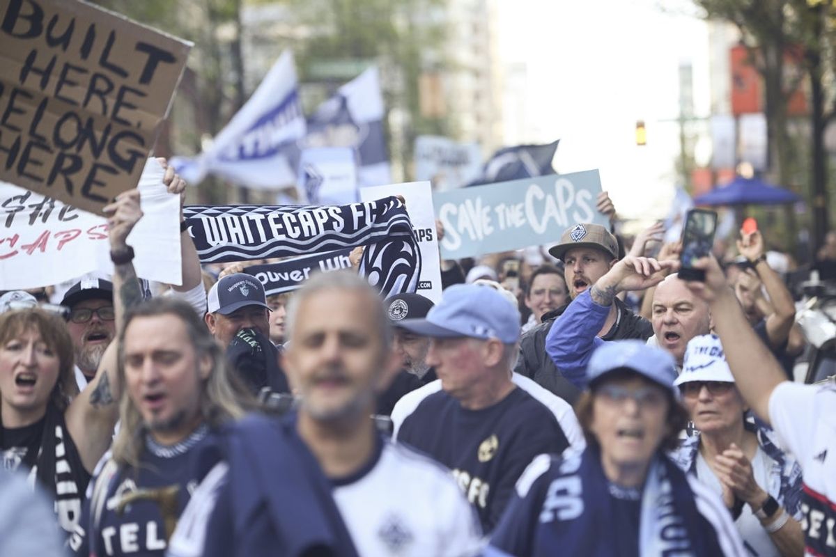 Apr 25, 2026; Vancouver, British Columbia, CAN;  Vancouver Whitecaps FC fans gather for a Save the Caps rally prior to the game against the Colorado Rapids at BC Place. Mandatory Credit: Simon Fearn-Imagn Images
