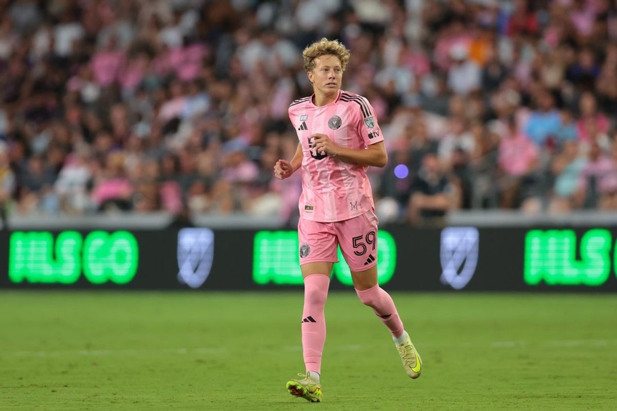 Apr 25, 2026; Miami, Florida, USA; Inter Miami CF midfielder Preston Plambeck (59) runs on the field against the New England Revolution during the second half at Nu Stadium. Mandatory Credit: Sam Navarro-Imagn Images