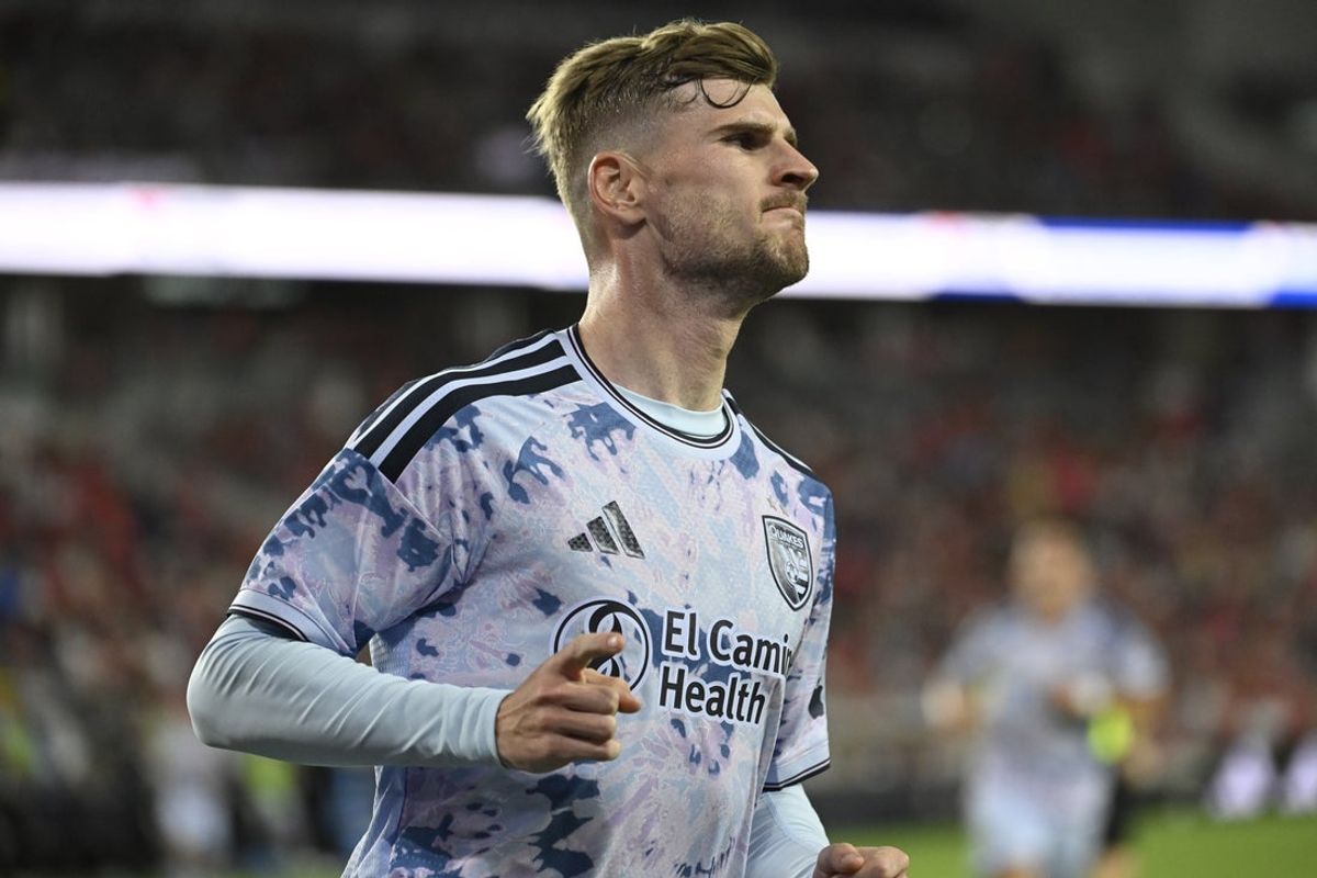 Apr 25, 2026; St. Louis, Missouri, USA; San Jose Earthquakes forward Timo Werner (11) celebrates after scoring against St. Louis CITY SC in the second half at Energizer Park. Mandatory Credit: Joe Puetz-Imagn Images