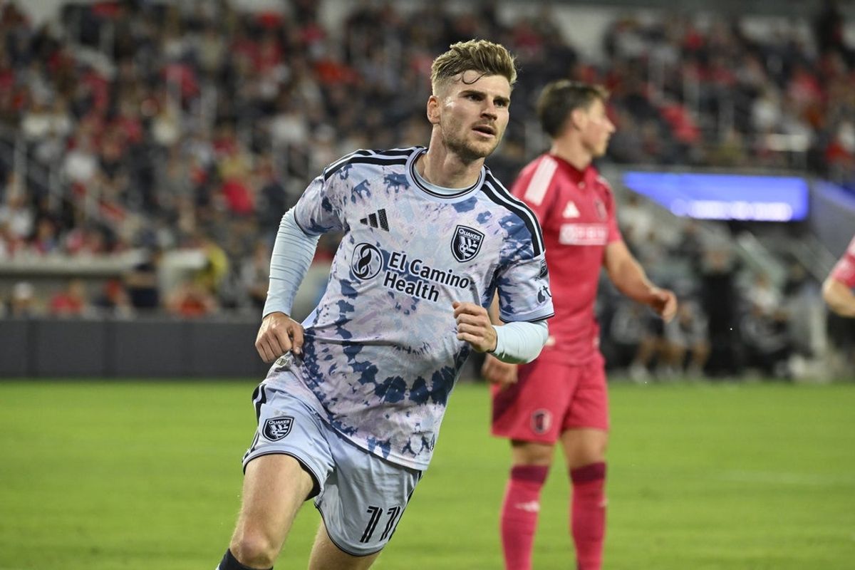 Apr 25, 2026; St. Louis, Missouri, USA; San Jose Earthquakes forward Timo Werner (11) celebrates after scoring against St. Louis CITY SC in the second half at Energizer Park. Mandatory Credit: Joe Puetz-Imagn Images