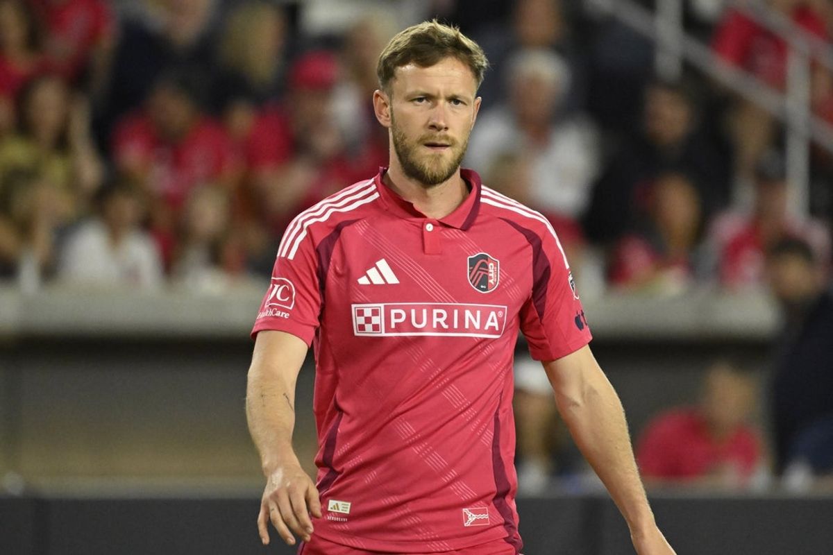 Apr 25, 2026; St. Louis, Missouri, USA; St. Louis CITY SC forward Cedric Teuchert (36) looks on against the San Jose Earthquakes in the second half at Energizer Park. Mandatory Credit: Joe Puetz-Imagn Images
