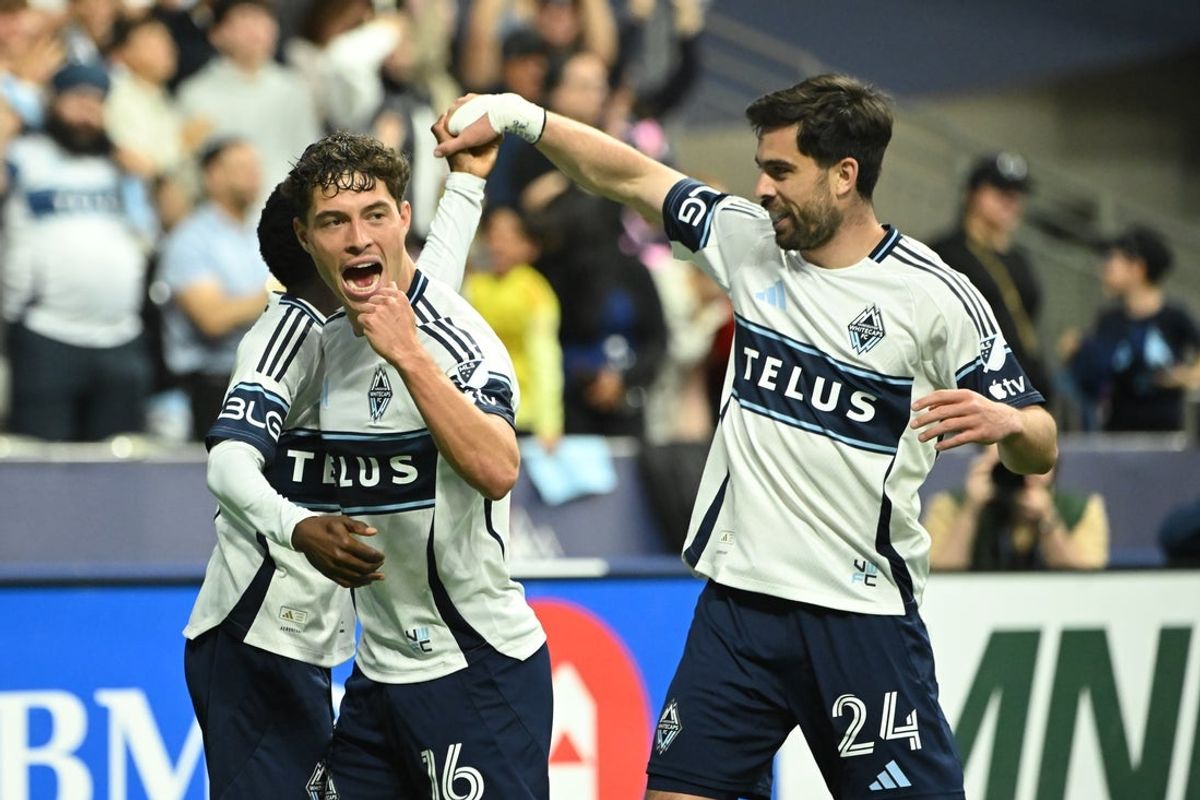 Apr 25, 2026; Vancouver, British Columbia, CAN;  Vancouver Whitecaps FC forward Cheikh Sabaly (7) celebrates scoring with midfielder Sebastian Berhalter (16) and forward Brian White (24) during the first half against the Colorado Rapids at BC Place. Mandatory Credit: Simon Fearn-Imagn Images