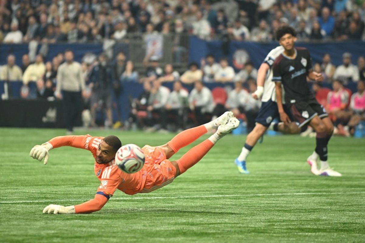 Apr 25, 2026; Vancouver, British Columbia, CAN;  Colorado Rapids goalkeeper Zack Steffen (1) watches the shot from Vancouver Whitecaps FC forward Brian White (24) (not pictured)as it goes into the goal during the first half at BC Place. Mandatory Credit: Simon Fearn-Imagn Images