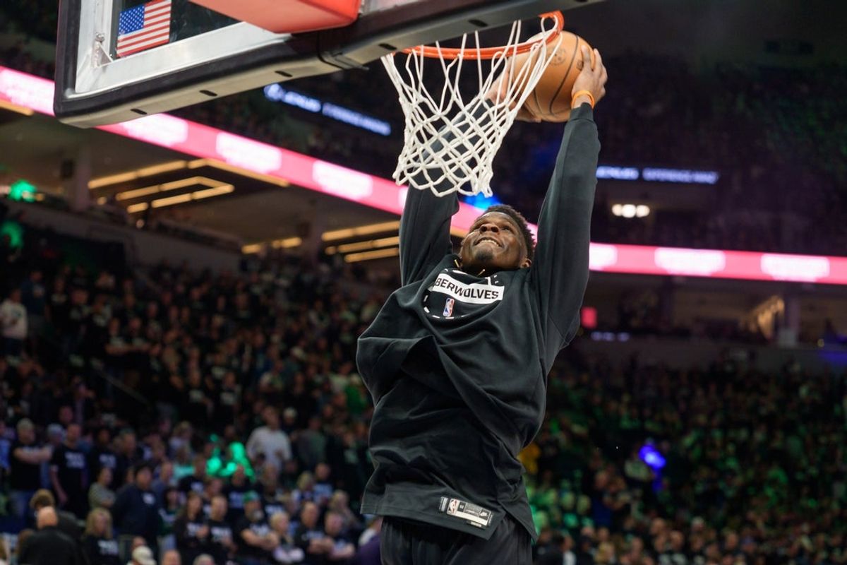 Apr 25, 2026; Minneapolis, Minnesota, USA; Minnesota Timberwolves guard Anthony Edwards (5) warms up before the game against the Denver Nuggets at Target Center. Mandatory Credit: Matt Blewett-Imagn Images