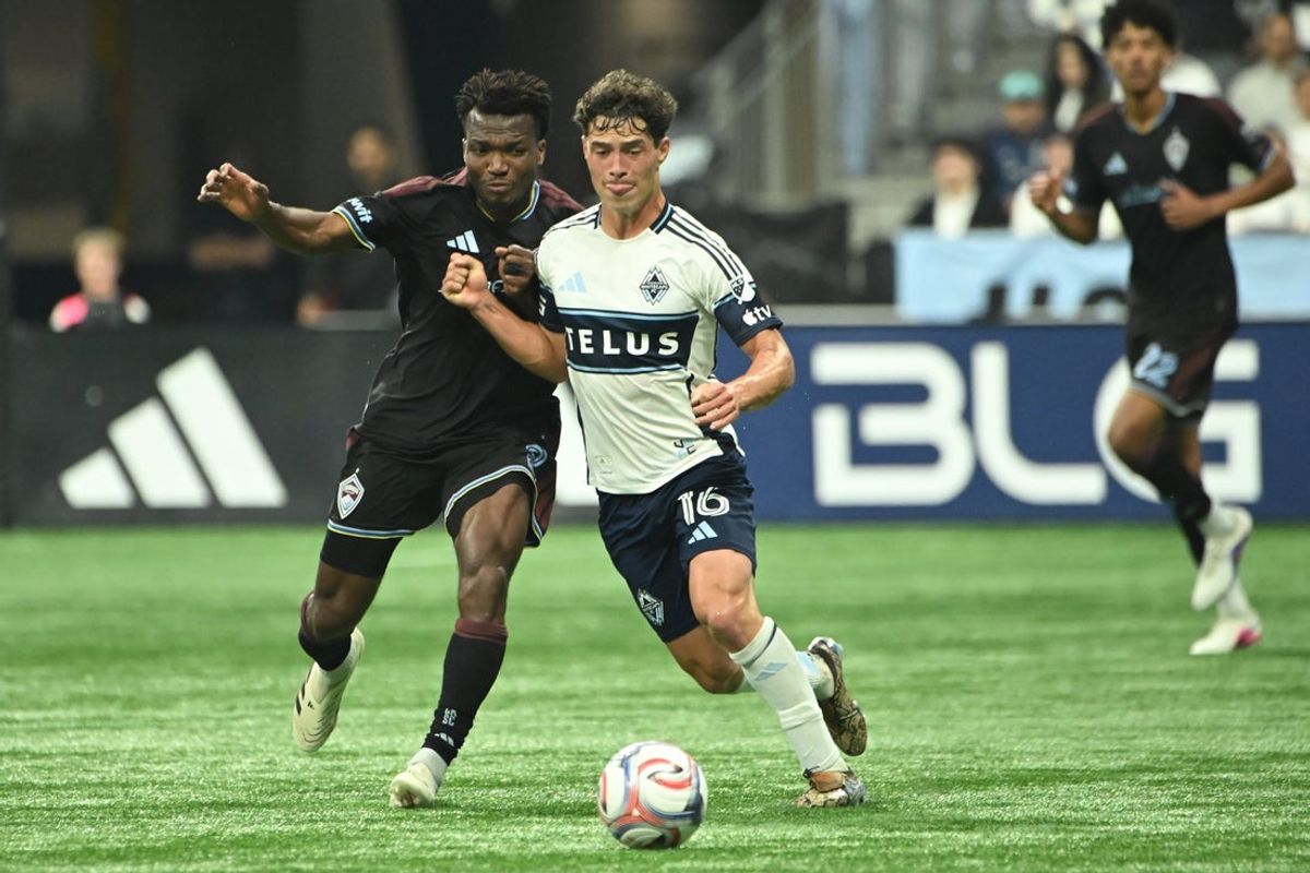 Apr 25, 2026; Vancouver, British Columbia, CAN;  Vancouver Whitecaps FC midfielder Sebastian Berhalter (16) dribbles the ball during the second half against the Colorado Rapids at BC Place. Mandatory Credit: Simon Fearn-Imagn Images