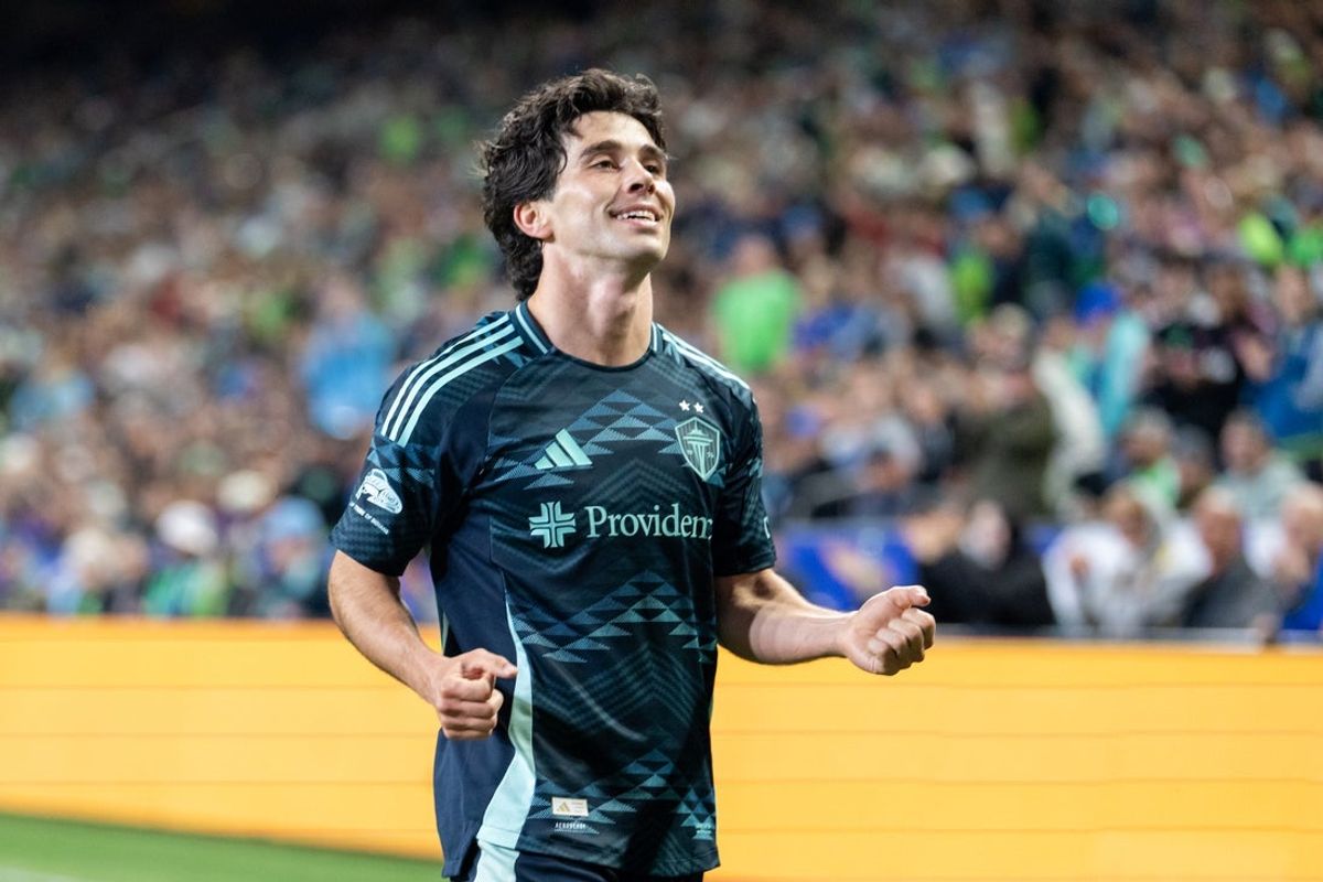 Apr 25, 2026; Seattle, Washington, USA; Seattle Sounders forward Paul Rothrock (14) celebrates during the second half against FC Dallas at Lumen Field. Mandatory Credit: Stephen Brashear-Imagn Images