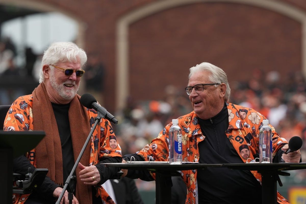 Apr 25, 2026; San Francisco, California, USA; San Francisco Giants television announcers Mike Krukow (left) and Duane Kuiper (right) before the game against the Miami Marlins at Oracle Park. Mandatory Credit: Darren Yamashita-Imagn Images
