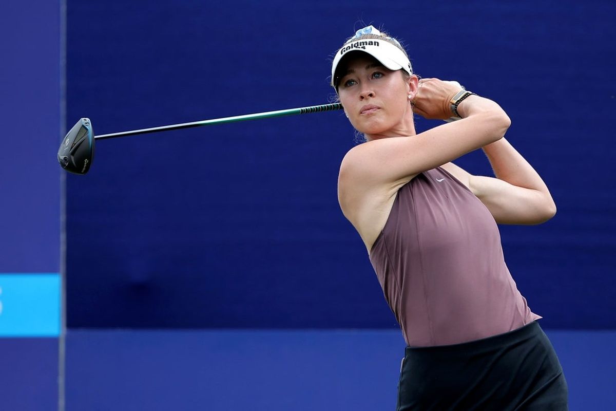 Apr 26, 2026; Houston, Texas, USA; Nelly Korda hits a tee shot on the first hole during the final round of The Chevron Championship golf tournament. Mandatory Credit: Erik Williams-Imagn Images
