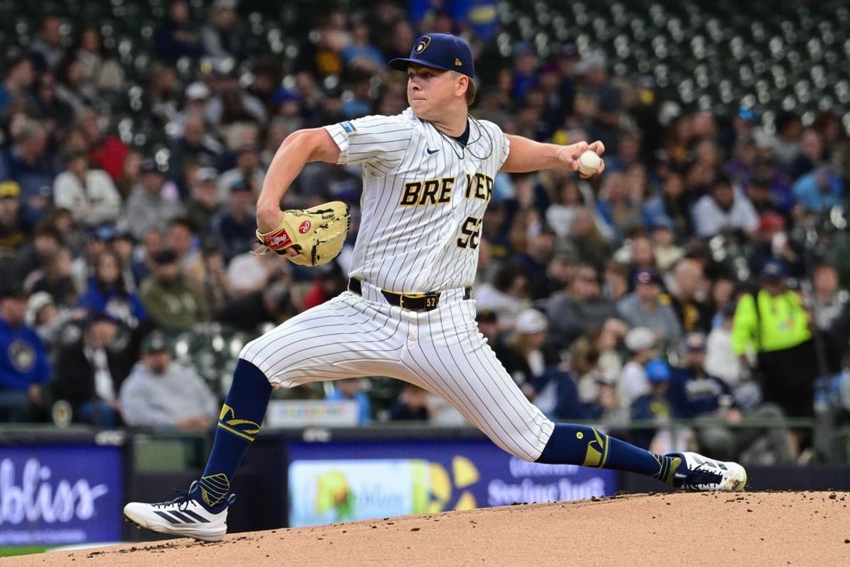Apr 26, 2026; Milwaukee, Wisconsin, USA; Milwaukee Brewers starting pitcher Kyle Harrison (52) throws a pitch in the first inning against the Pittsburgh Pirates at American Family Field. Mandatory Credit: Benny Sieu-Imagn Images