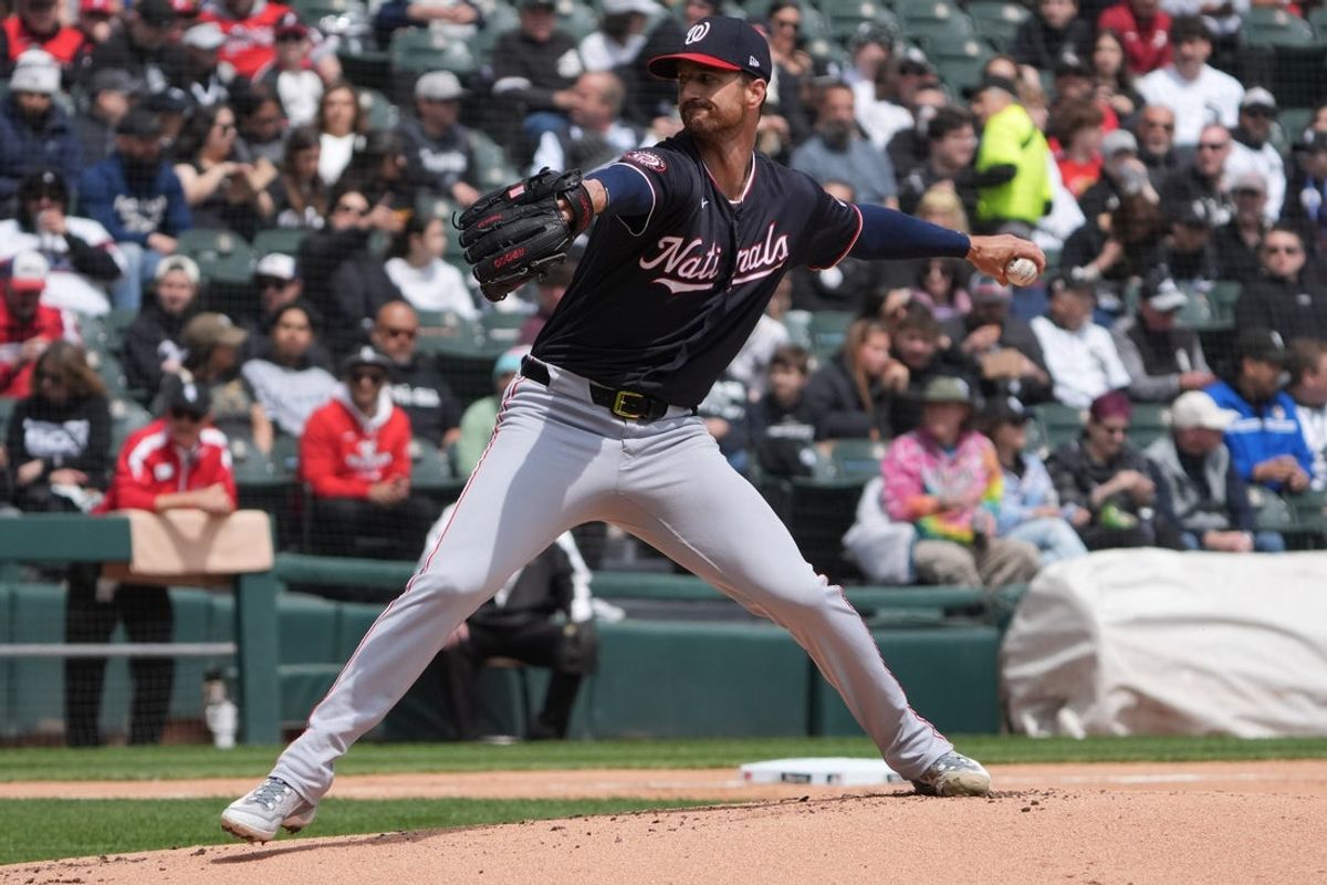 Apr 26, 2026; Chicago, Illinois, USA; Washington Nationals pitcher Foster Griffin (22) throws the ball against the Chicago White Sox during the first inning at Rate Field. Mandatory Credit: David Banks-Imagn Images