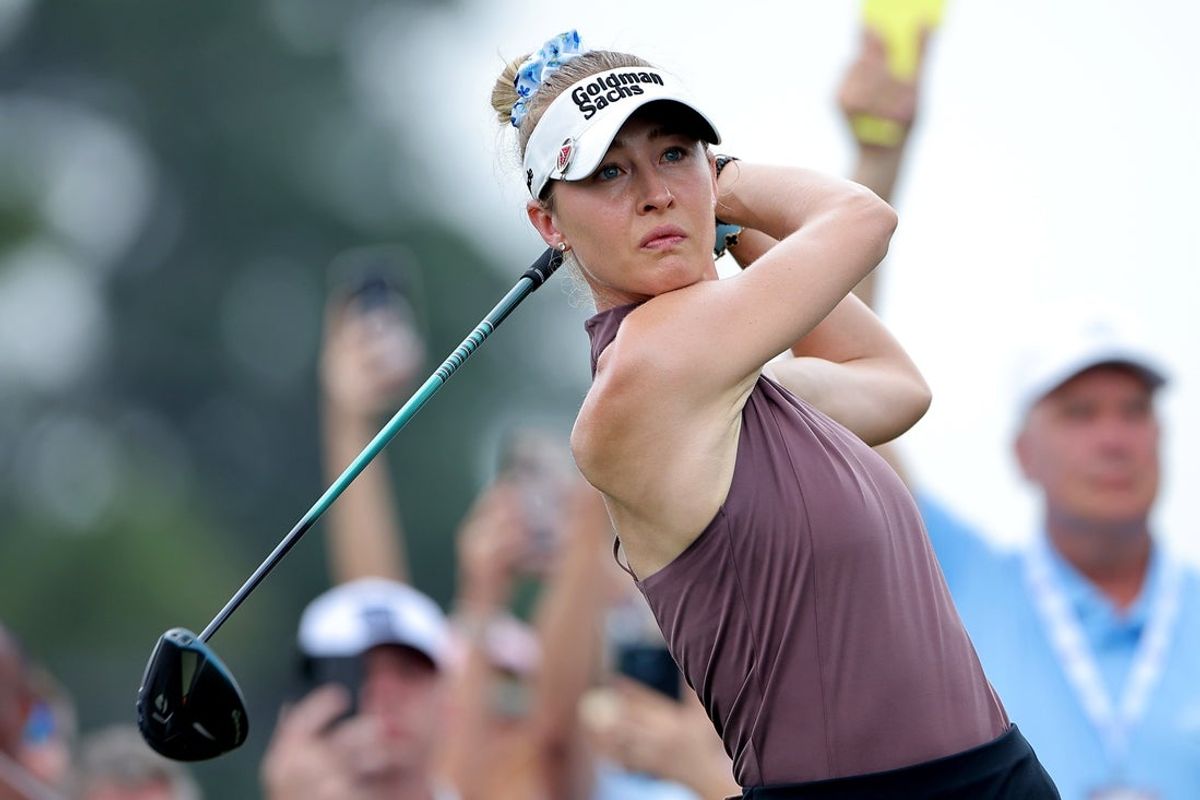 Apr 26, 2026; Houston, Texas, USA; Nelly Korda hits a tee shot on the 10th hole during the final round of The Chevron Championship golf tournament. Mandatory Credit: Erik Williams-Imagn Images