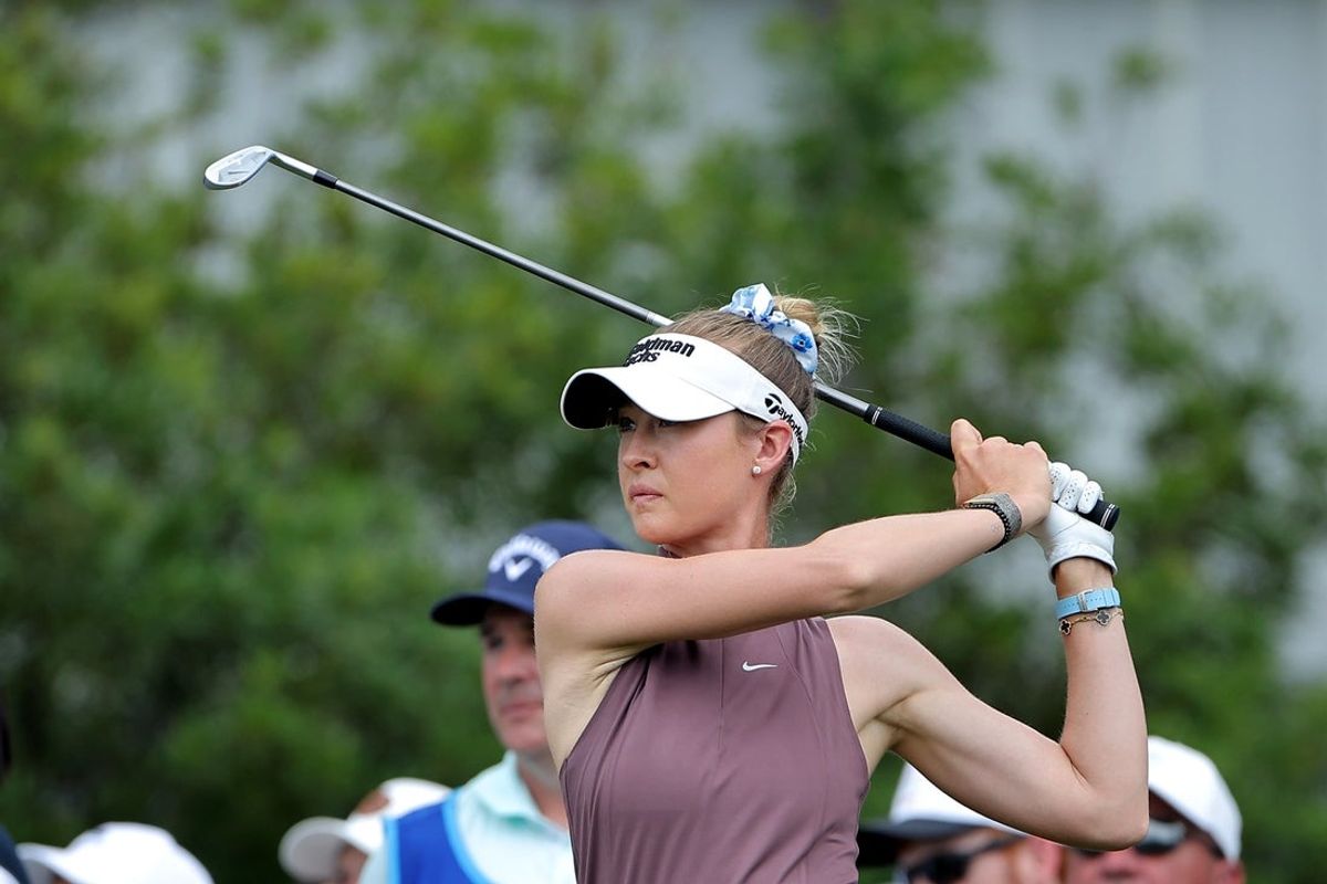 Apr 26, 2026; Houston, Texas, USA; Nelly Korda hits a tee shot on the ninth hole during the final round of The Chevron Championship golf tournament. Mandatory Credit: Erik Williams-Imagn Images