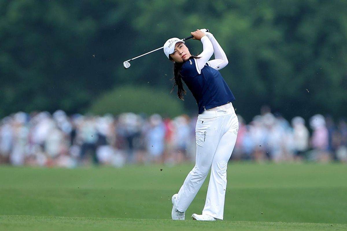 Apr 26, 2026; Houston, Texas, USA; Ina Yoon of Korea hits a shot onto the green on the eighth hole during the final round of The Chevron Championship golf tournament. Mandatory Credit: Erik Williams-Imagn Images