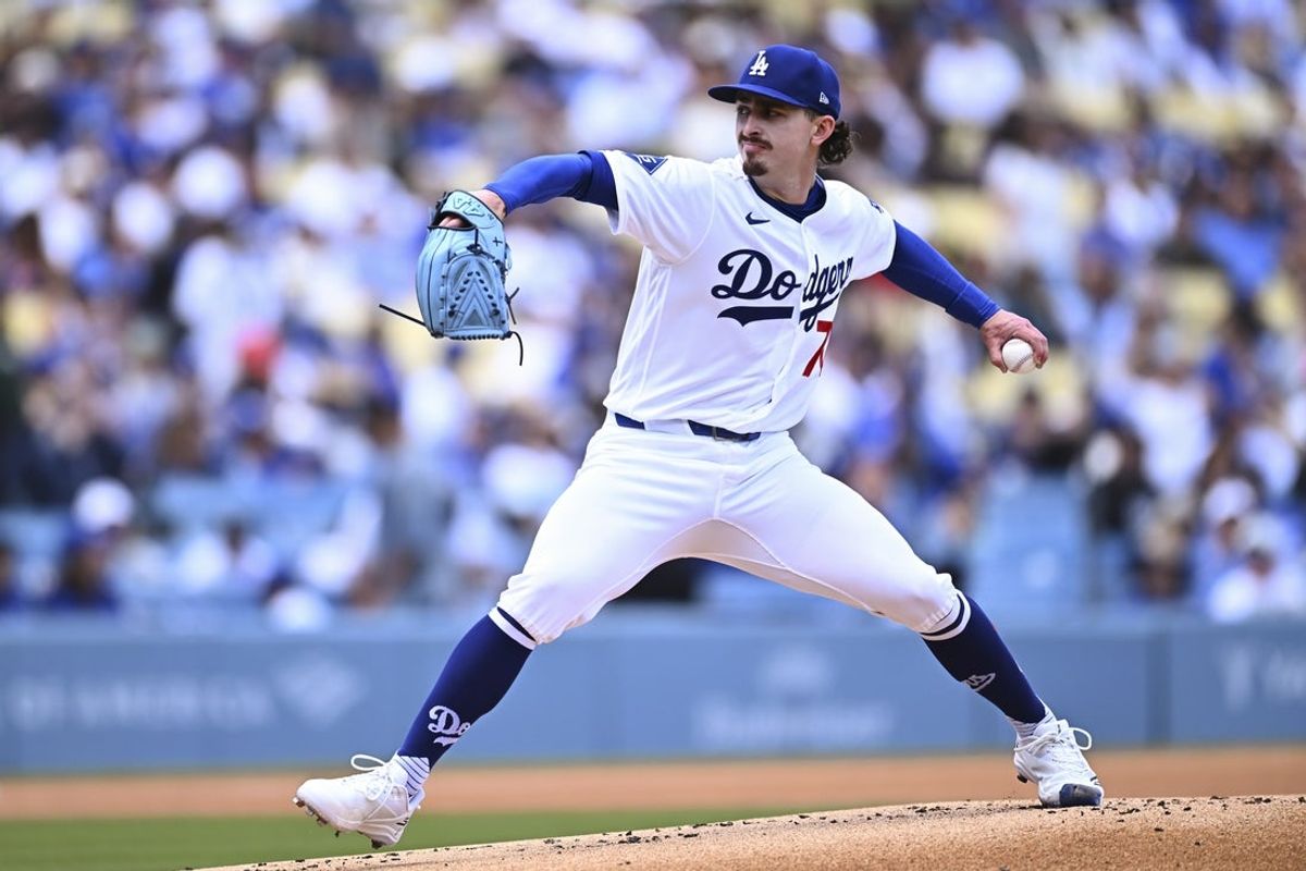 Apr 26, 2026; Los Angeles, California, USA; Los Angeles Dodgers pitcher Justin Wrobleski (70) pitches against the Chicago Cubs in the first inning at Dodger Stadium. Mandatory Credit: Jonathan Hui-Imagn Images
