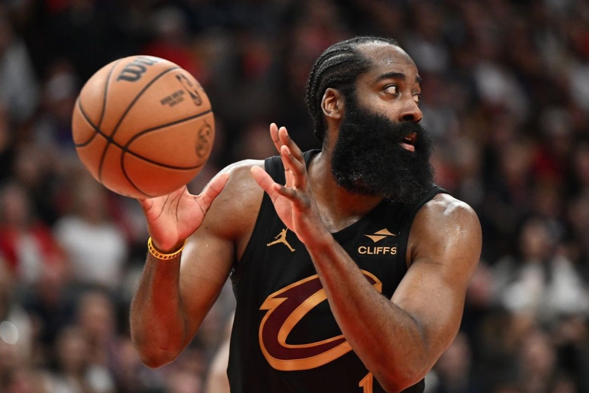 Apr 26, 2026; Toronto, Ontario, CAN;   Cleveland Cavaliers guard James Harden (1) looks away while making a pass against the Toronto Raptors during game four of the first round of the 2026 NBA Playoffs at Scotiabank Arena. Mandatory Credit: Dan Hamilton-Imagn Images