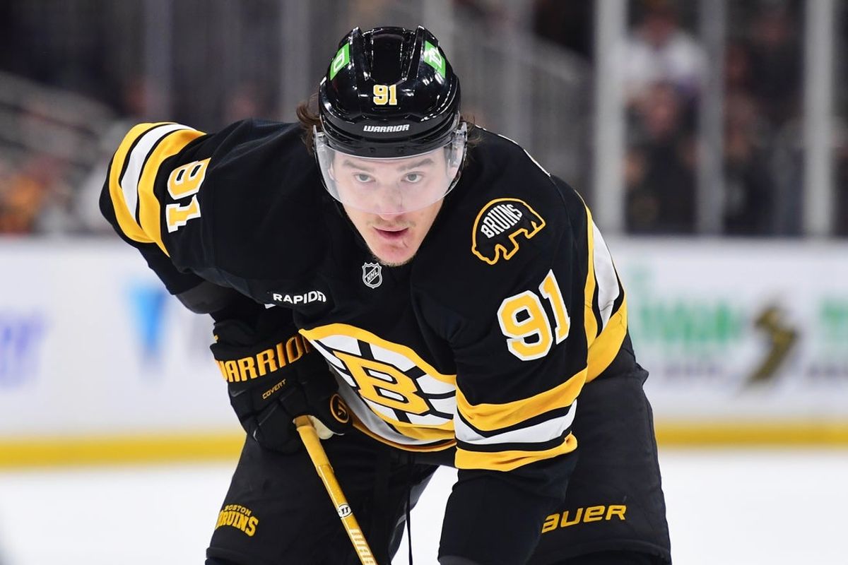 Apr 26, 2026; Boston, Massachusetts, USA; Boston Bruins defenseman Nikita Zadorov (91) gets set for a face-off during the third period in game four of the first round of the 2026 Stanley Cup Playoffs against the Buffalo Sabres at TD Garden. Mandatory Credit: Bob DeChiara-Imagn Images