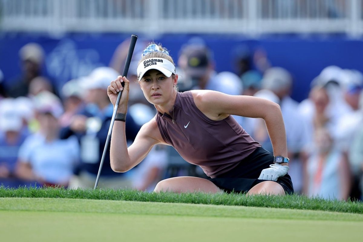 Apr 26, 2026; Houston, Texas, USA; Nelly Korda prepares to putt on the 18th hole during the final round of The Chevron Championship golf tournament. Mandatory Credit: Erik Williams-Imagn Images