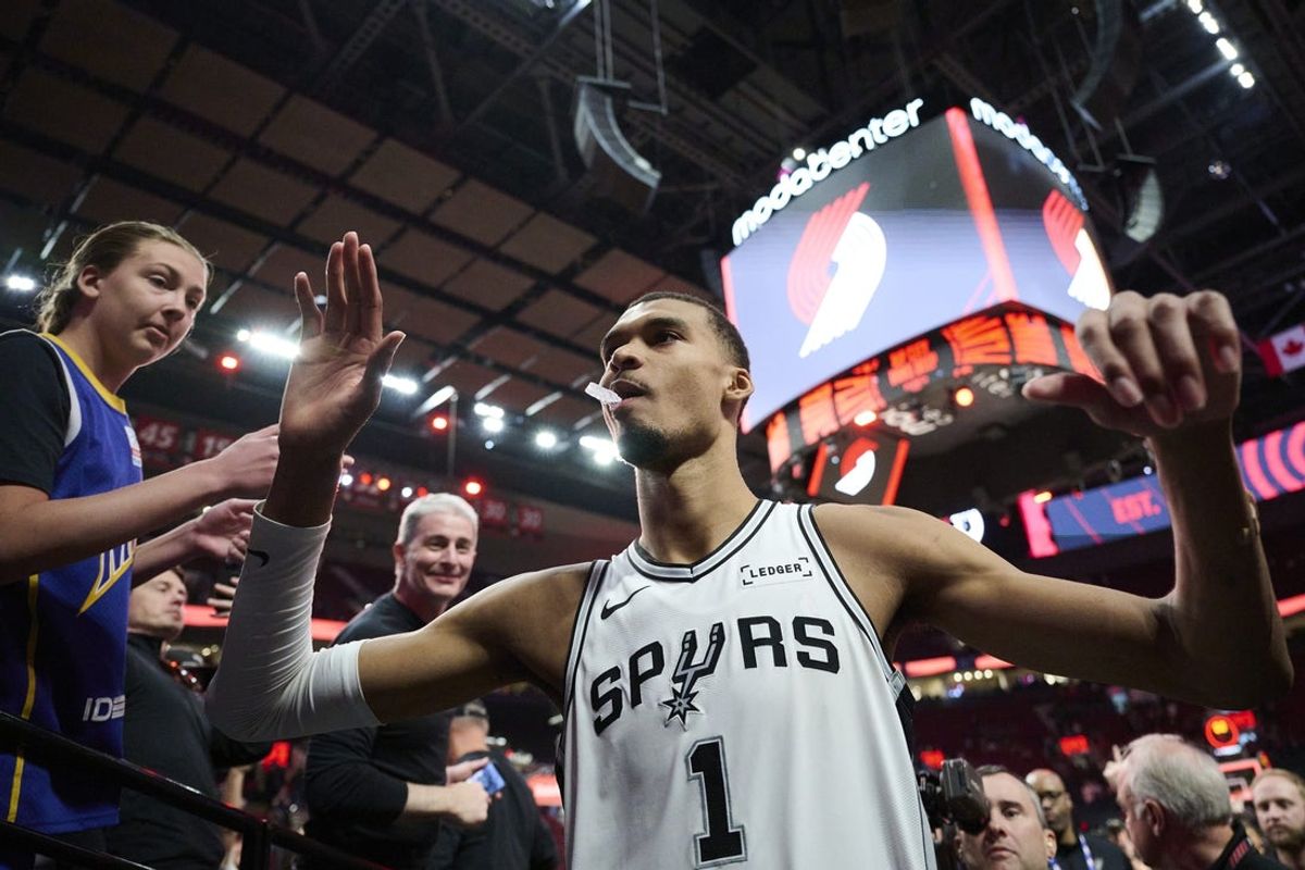 Apr 26, 2026; Portland, Oregon, USA; San Antonio Spurs forward Victor Wembanyama (1) walks off the court after a game against the Portland Trail Blazers during game four of the first round of the 2026 NBA Playoffs at Moda Center. Mandatory Credit: Troy Wayrynen-Imagn Images