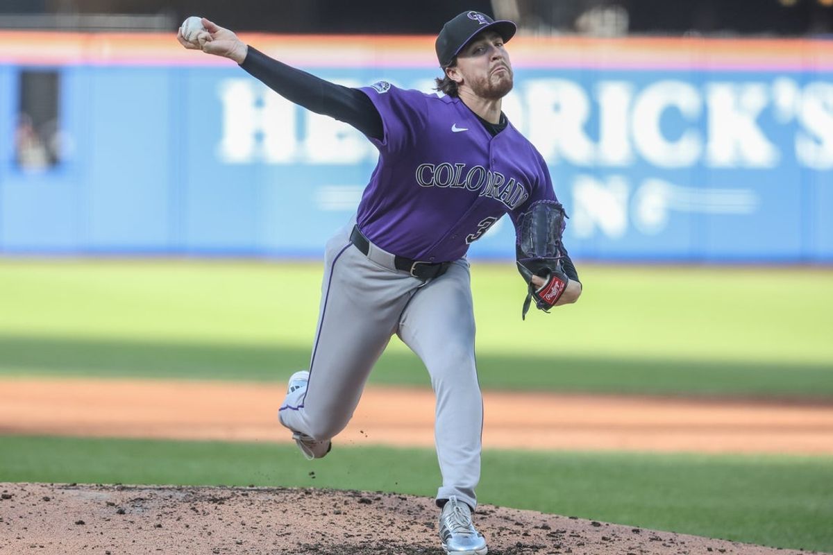 Apr 26, 2026; New York City, New York, USA;  Colorado Rockies starting pitcher Chase Dollander (32) pitches in the third inning against the New York Mets at Citi Field. Mandatory Credit: Wendell Cruz-Imagn Images