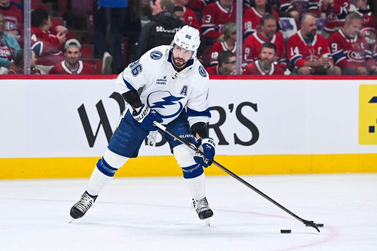 Apr 26, 2026; Montreal, Quebec, CAN; Tampa Bay Lightning right wing Nikita Kucherov (86) plays with a puck during warm-up before the game against the Montreal Canadiens in game four of the first round of the 2026 Stanley Cup Playoffs at Bell Centre. Mandatory Credit: David Kirouac-Imagn Images