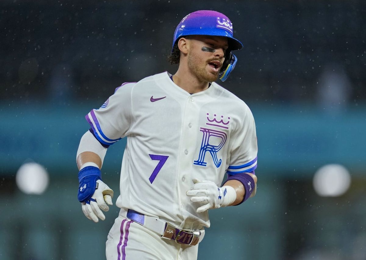 Apr 26, 2026; Kansas City, Missouri, USA; Kansas City Royals shortstop Bobby Witt Jr. (7) rounds the bases after hitting a home run during the sixth inning against the Los Angeles Angels at Kauffman Stadium. Mandatory Credit: Jay Biggerstaff-Imagn Images