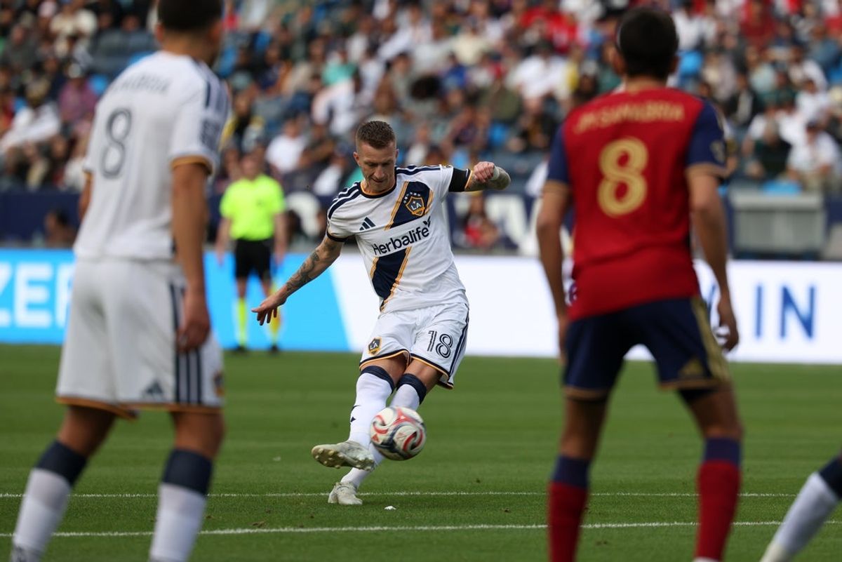 Apr 26, 2026; Carson, California, USA;  LA Galaxy midfielder Marco Reus (18) scores a goal on free kick during the first half against Real Salt Lake at Dignity Health Sports Park. Mandatory Credit: Kiyoshi Mio-Imagn Images