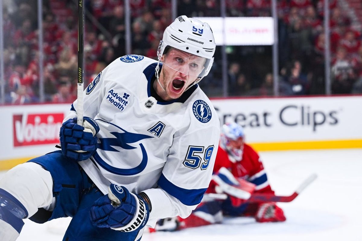 Apr 26, 2026; Montreal, Quebec, CAN; Tampa Bay Lightning center Jake Guentzel (59) reacts after scoring a goal against the Montreal Canadiens during the second period in game four of the first round of the 2026 Stanley Cup Playoffs at Bell Centre. Mandatory Credit: David Kirouac-Imagn Images