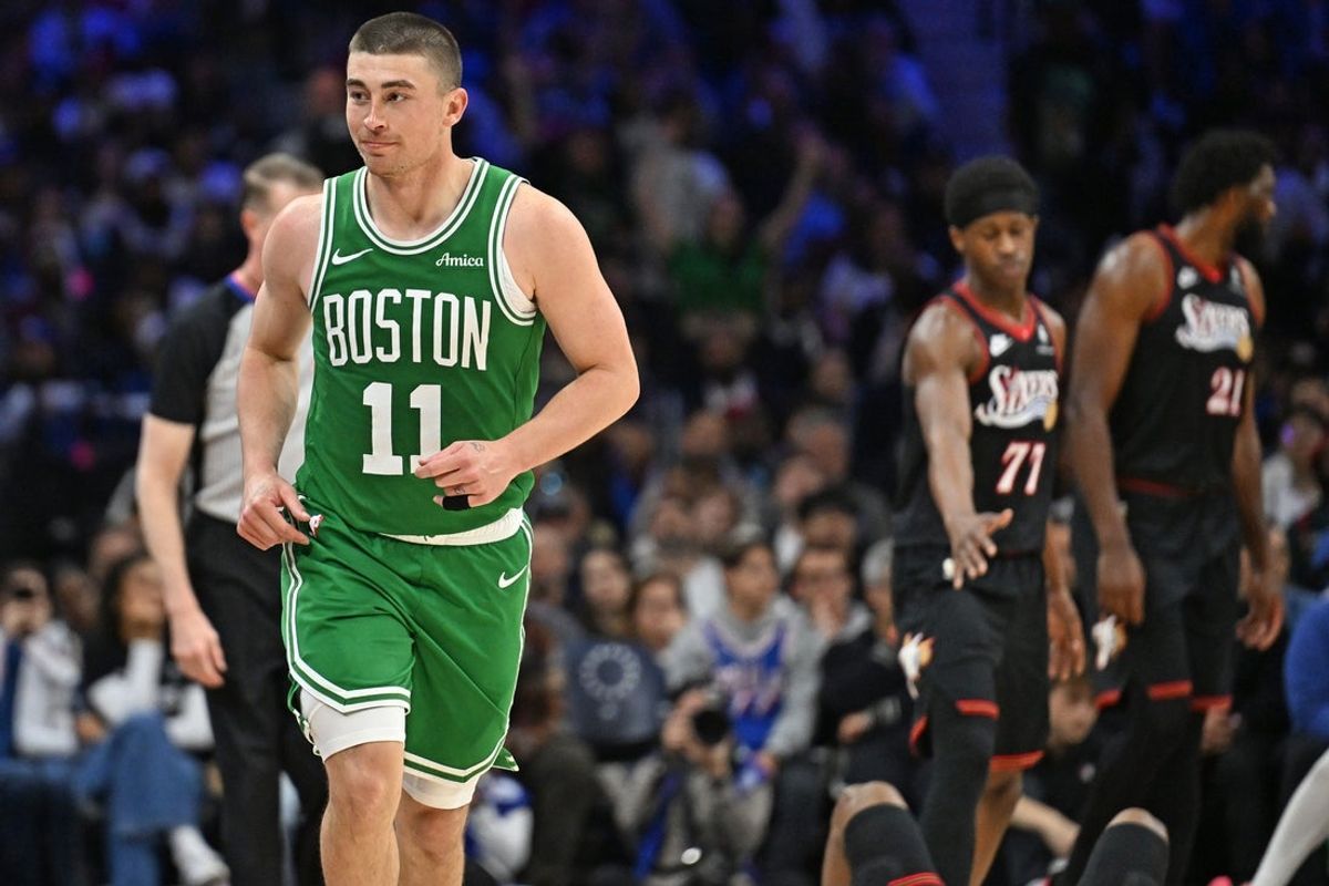 Apr 26, 2026; Philadelphia, Pennsylvania, USA; Boston Celtics guard Payton Pritchard (11) reacts after making a three point basket against the Philadelphia 76ers during the second half at Xfinity Mobile Arena. Mandatory Credit: Eric Hartline-Imagn Images