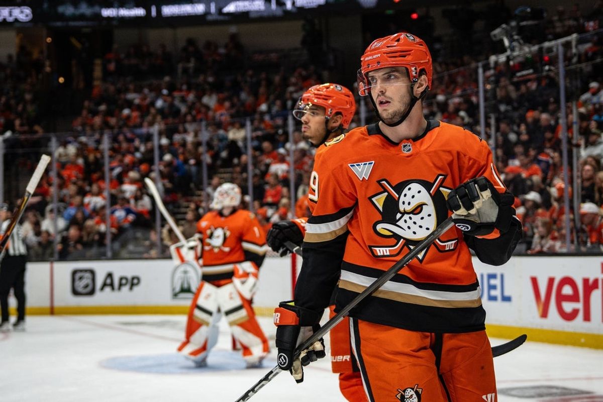Apr 26, 2026; Anaheim, California, USA; Anaheim Ducks right wing Troy Terry (19) during the first period against the Edmonton Oilers in game four of the first round of the 2026 Stanley Cup Playoffs at Honda Center. Mandatory Credit: Corinne Votaw-Imagn Images