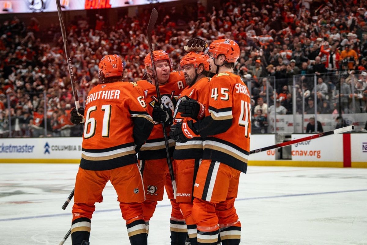 Apr 26, 2026; Anaheim, California, USA; Anaheim Ducks celebrate a goal during the second period against the Edmonton Oilers  in game four of the first round of the 2026 Stanley Cup Playoffs at Honda Center. Mandatory Credit: Corinne Votaw-Imagn Images