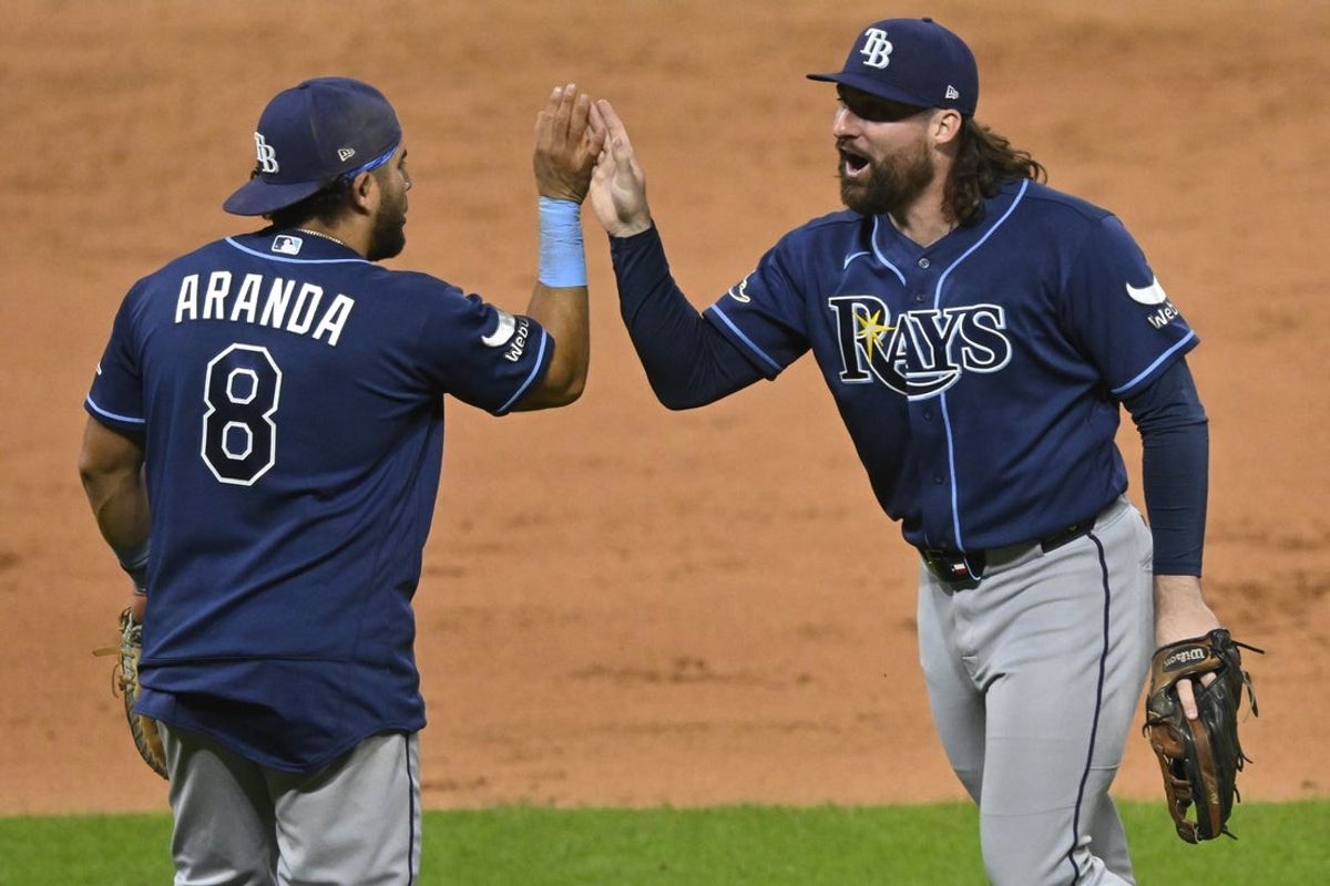 Apr 27, 2026; Cleveland, Ohio, USA; Tampa Bay Rays first baseman Jonathan Aranda (8) and right fielder Ryan Vilade (26) celebrate a win over the Cleveland Guardians at Progressive Field. Mandatory Credit: David Richard-Imagn Images