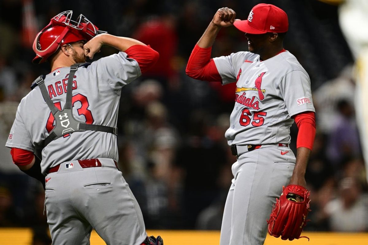 Apr 27, 2026; Pittsburgh, Pennsylvania, USA; St. Louis Cardinals relief pitcher George Soriano (65) is congratulated by catcher Pedro Pages (43) after the Cardinals defeated the Pittsburgh Pirates in a baseball game at PNC Park. Mandatory Credit: David Dermer-Imagn Images