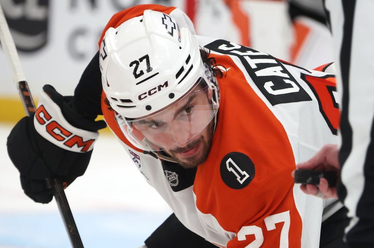 Apr 27, 2026; Pittsburgh, Pennsylvania, USA;  Philadelphia Flyers left wing Noah Cates (27) watches for the puck drop on a third period face-off against the Pittsburgh Penguins in game five of the first round of the 2026 Stanley Cup Playoffs at PPG Paints Arena. Mandatory Credit: Charles LeClaire-Imagn Images