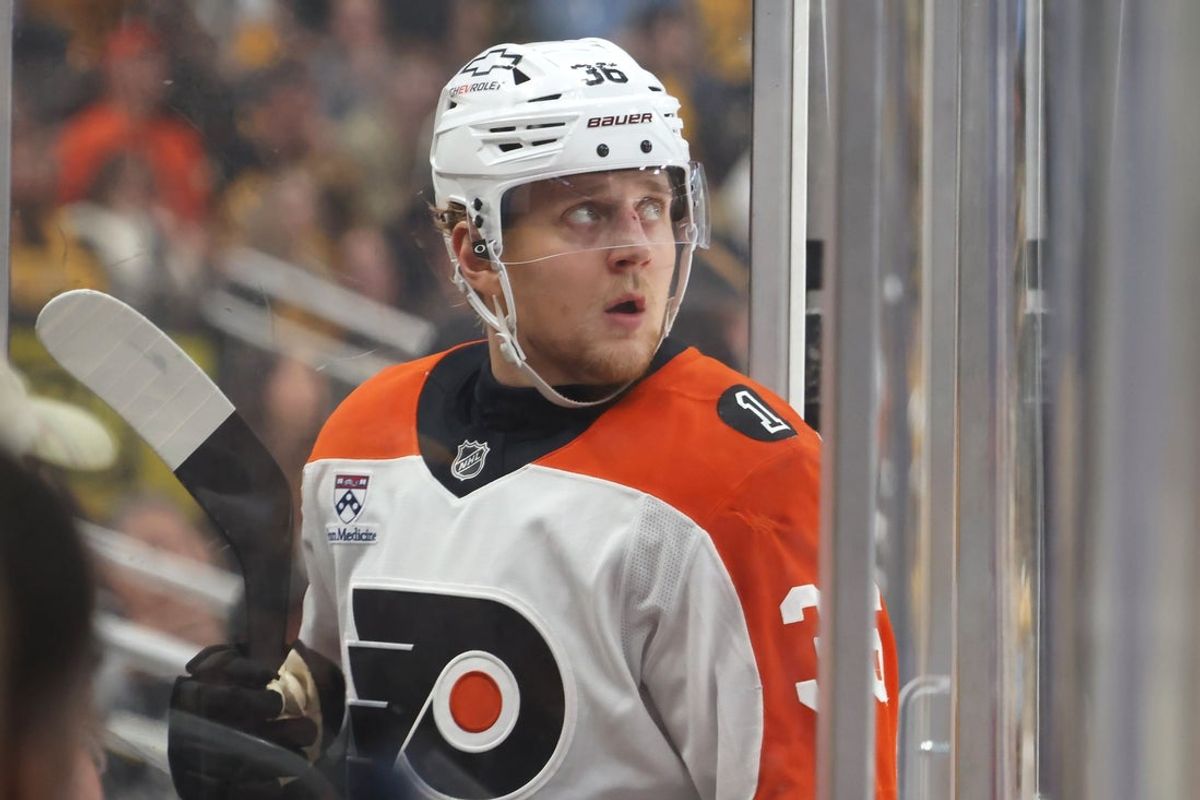 Apr 27, 2026; Pittsburgh, Pennsylvania, USA;  Philadelphia Flyers defenseman Emil Andrae (36) watches a scoreboard replay as he enters the penalty box on a tripping infraction against the Pittsburgh Penguins during the third period in game five of the first round of the 2026 Stanley Cup Playoffs at PPG Paints Arena. Mandatory Credit: Charles LeClaire-Imagn Images