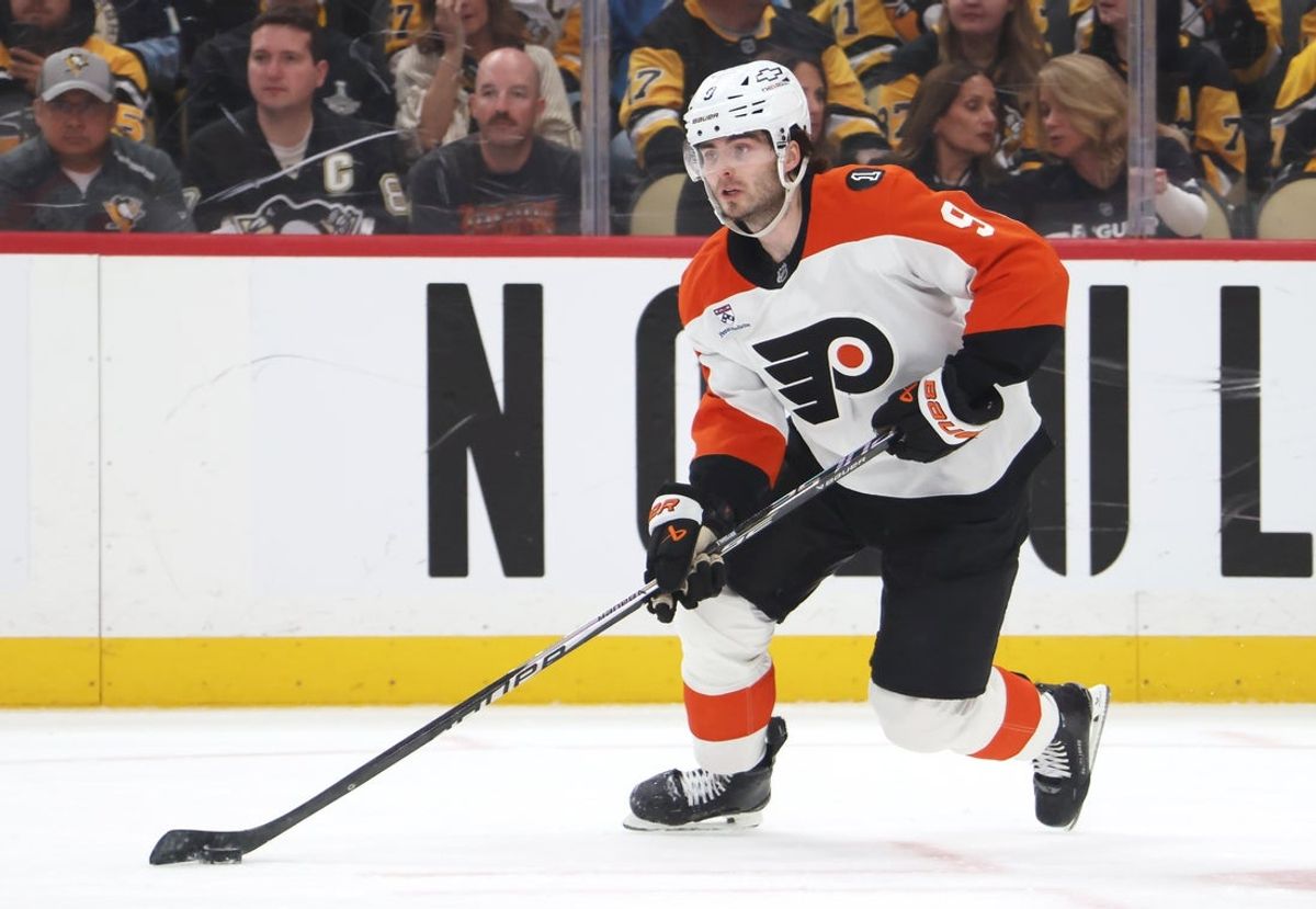 Apr 27, 2026; Pittsburgh, Pennsylvania, USA;  Philadelphia Flyers defenseman Jamie Drysdale (9) skates with the puck against the Pittsburgh Penguins during the first period in game five of the first round of the 2026 Stanley Cup Playoffs at PPG Paints Arena. Mandatory Credit: Charles LeClaire-Imagn Images