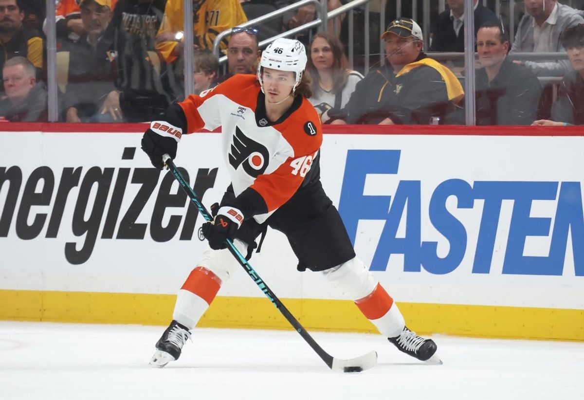 Apr 27, 2026; Pittsburgh, Pennsylvania, USA;  Philadelphia Flyers center Trevor Zegras (46) handles the puck against the Pittsburgh Penguins during the first period in game five of the first round of the 2026 Stanley Cup Playoffs at PPG Paints Arena. Mandatory Credit: Charles LeClaire-Imagn Images