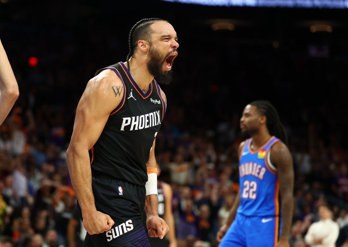 Apr 27, 2026; Phoenix, Arizona, USA; Phoenix Suns forward Dillon Brooks (3) celebrates a shot against the Oklahoma City Thunder in the second half during game four of the first round of the 2026 NBA Playoffs at Mortgage Matchup Center. Mandatory Credit: Mark J. Rebilas-Imagn Images