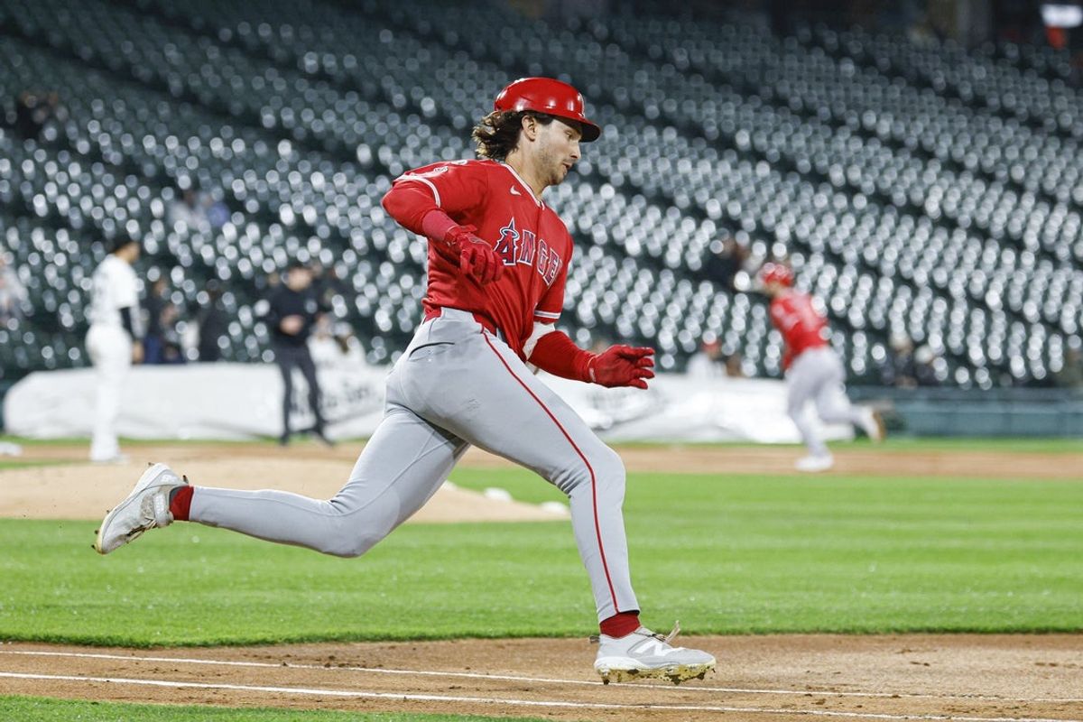Apr 27, 2026; Chicago, Illinois, USA; Los Angeles Angels left fielder Bryce Teodosio (22) runs after hitting an RBI-double against the Chicago White Sox during the second inning at Rate Field. Mandatory Credit: Kamil Krzaczynski-Imagn Images