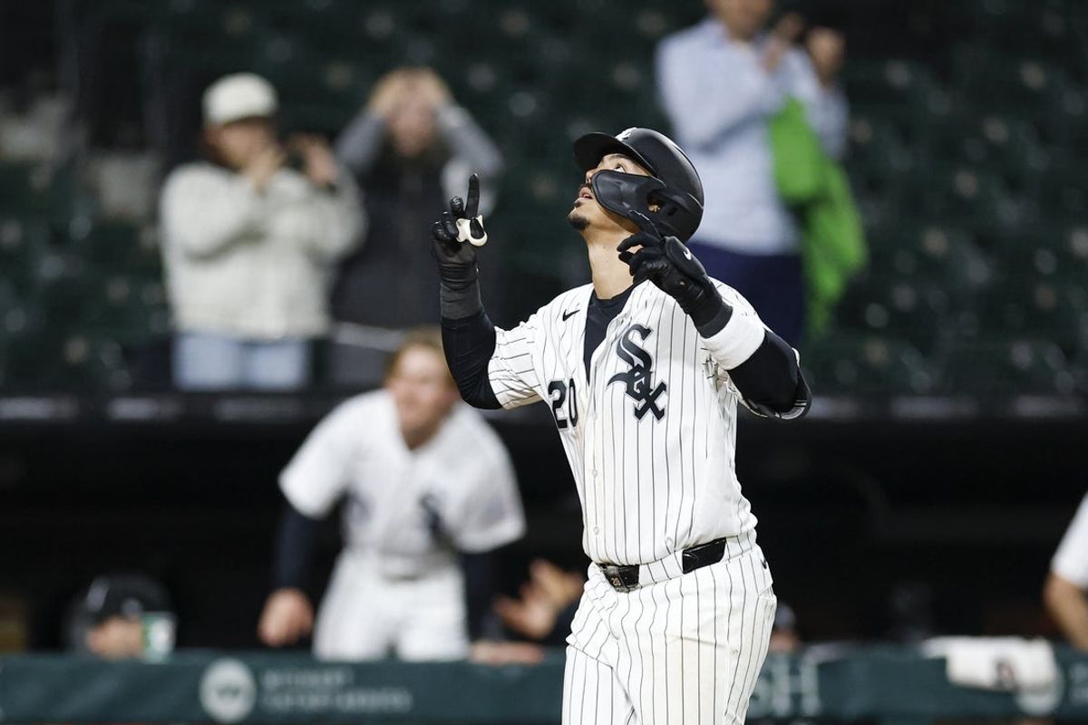 Apr 27, 2026; Chicago, Illinois, USA; Chicago White Sox third baseman Miguel Vargas (20) rounds the bases after hitting a solo home run against the Los Angeles Angels during the seventh inning at Rate Field. Mandatory Credit: Kamil Krzaczynski-Imagn Images
