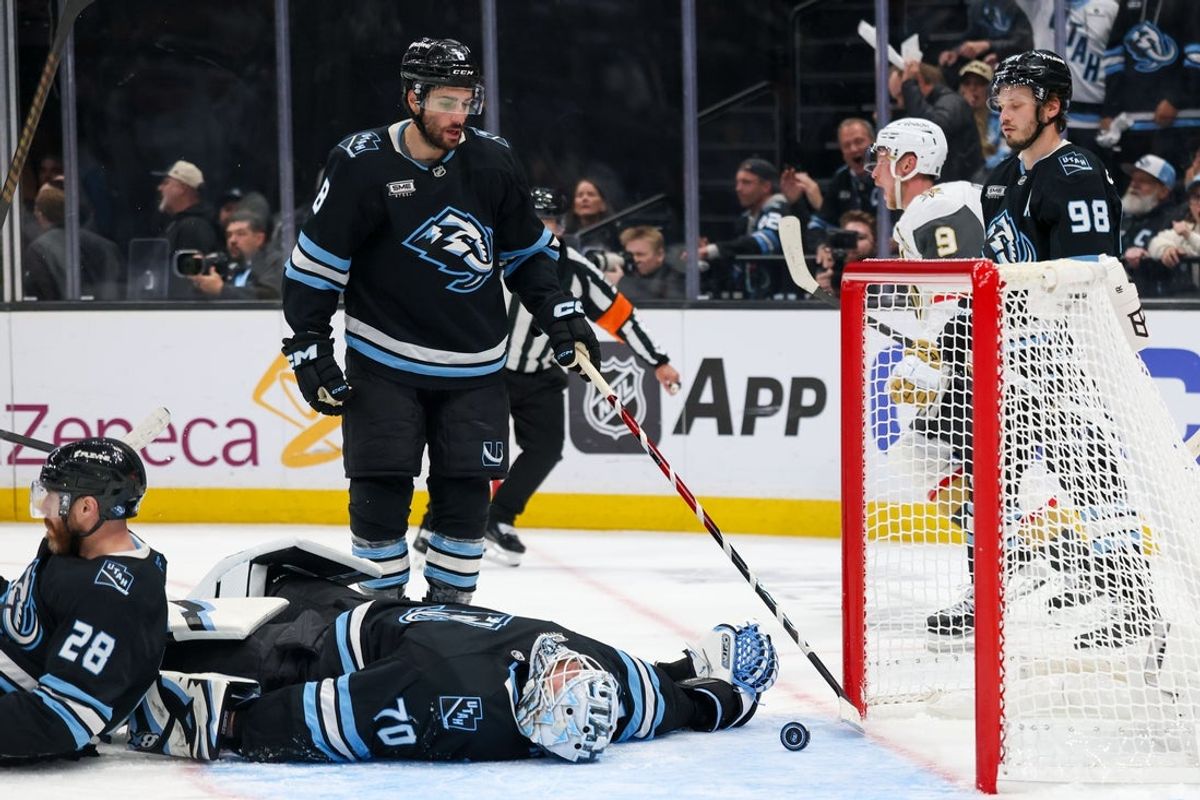 Apr 27, 2026; Salt Lake City, Utah, USA; Utah Mammoth goaltender Karel Vejmelka (70) and center Nick Schmaltz (8) react after a goal by the Vegas Golden Knights ends the game during overtime in game four of the first round of the 2026 Stanley Cup Playoffs at Delta Center. Mandatory Credit: Rob Gray-Imagn Images