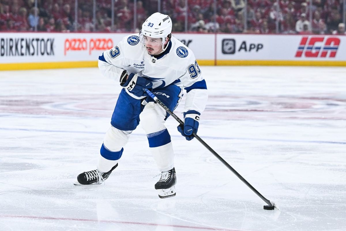 Apr 26, 2026; Montreal, Quebec, CAN; Tampa Bay Lightning center Gage Goncalves (93) plays the puck against the Montreal Canadiens during the second period in game four of the first round of the 2026 Stanley Cup Playoffs at Bell Centre. Mandatory Credit: David Kirouac-Imagn Images
